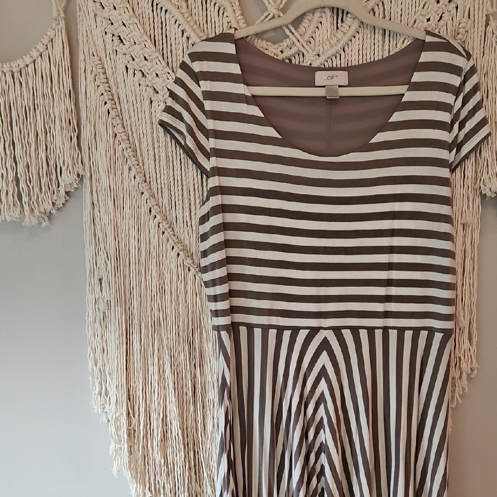LOFT Brown and White Striped Scoop Neck Midi Dress